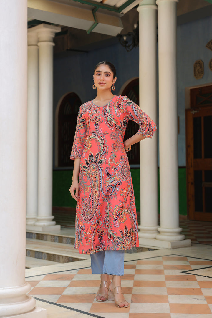 Multicolor Viscose Rayon Printed Kurta Pant Set