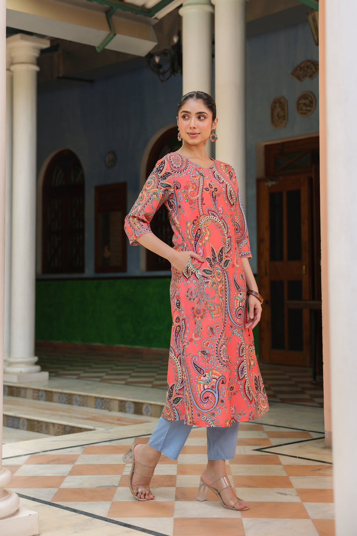 Multicolor Viscose Rayon Printed Kurta Pant Set