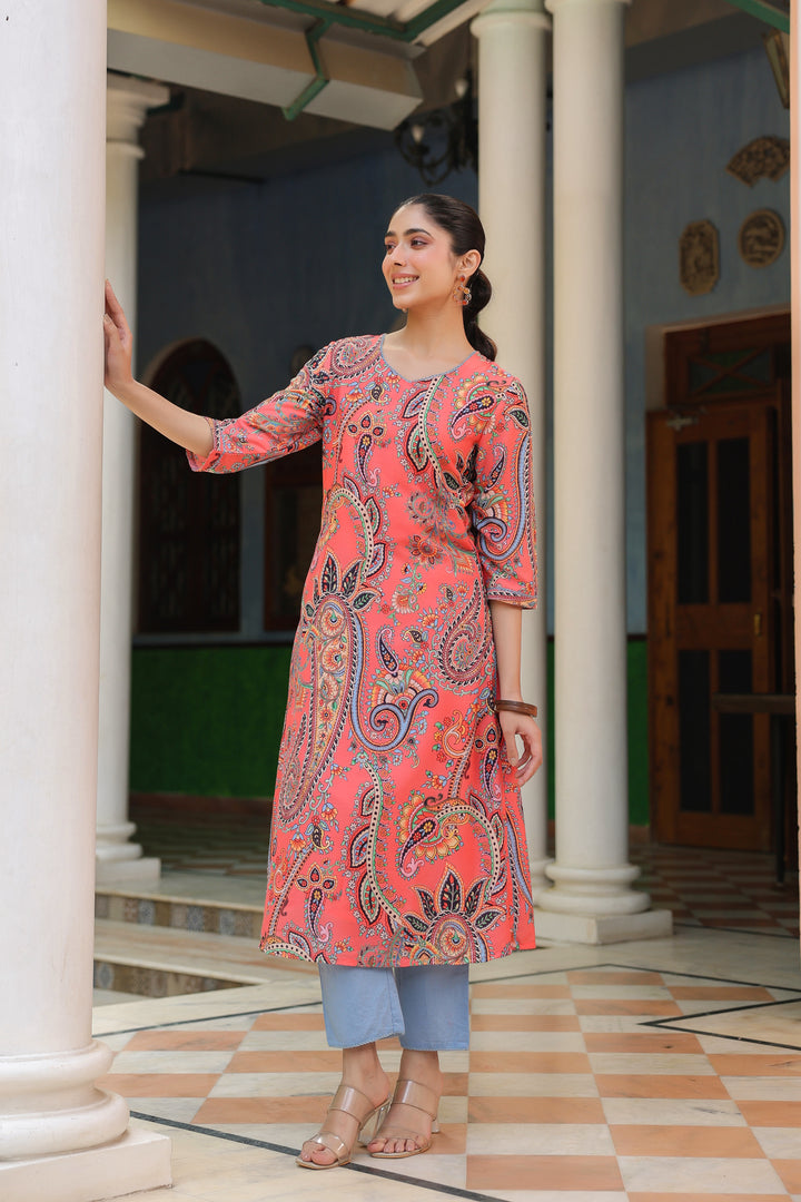 Multicolor Viscose Rayon Printed Kurta Pant Set