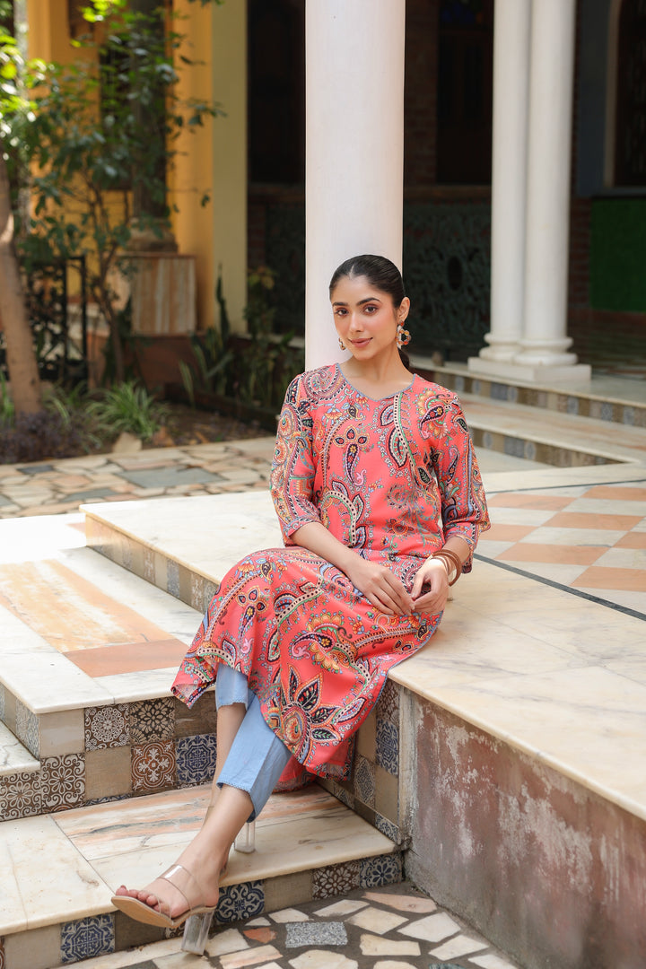 Multicolor Viscose Rayon Printed Kurta Pant Set