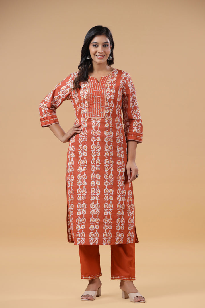 Rust Cotton Printed Embellished Kurta Pant Set