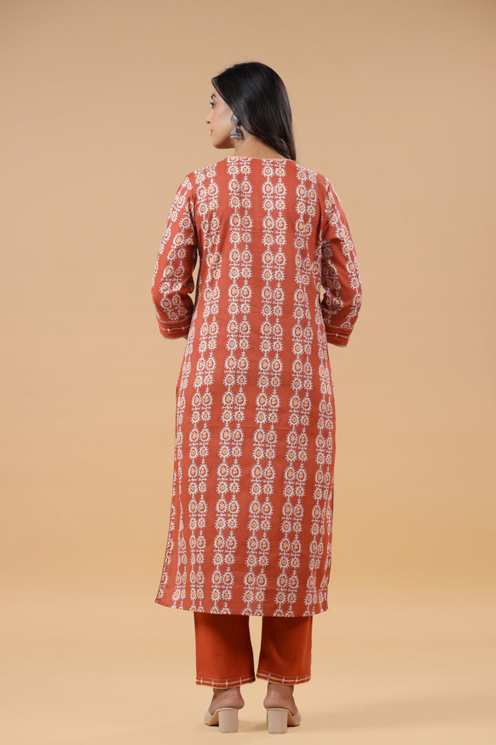 Rust Cotton Printed Embellished Kurta Pant Set