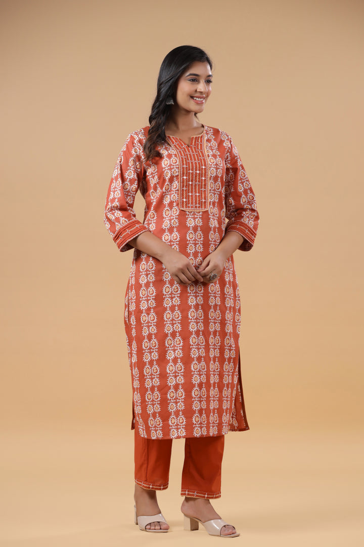 Rust Cotton Printed Embellished Kurta Pant Set