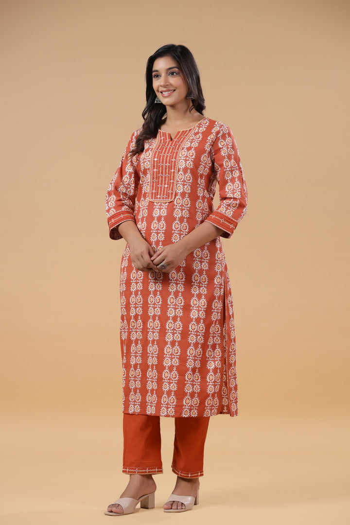 Rust Cotton Printed Embellished Kurta Pant Set