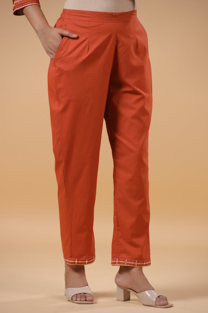 Rust Cotton Printed Embellished Kurta Pant Set