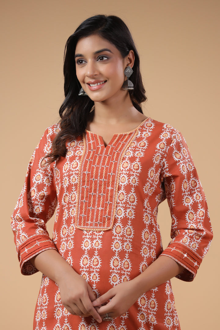 Rust Cotton Printed Embellished Kurta Pant Set