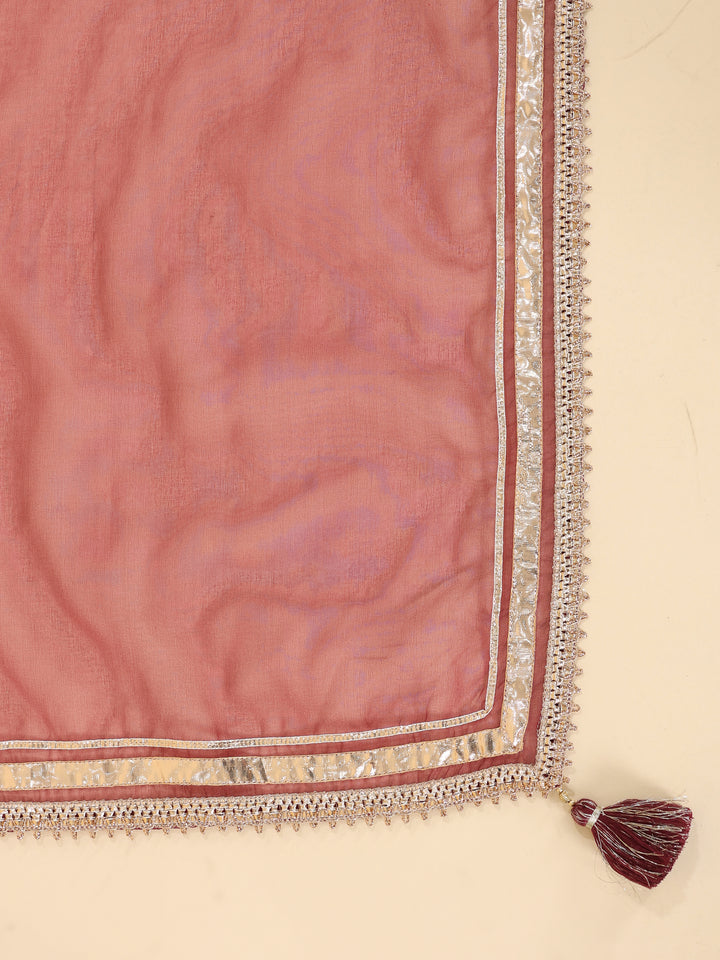 Rust Pure Cotton Floral Print Zari Work A-Line Kurta Pant Dupatta Set