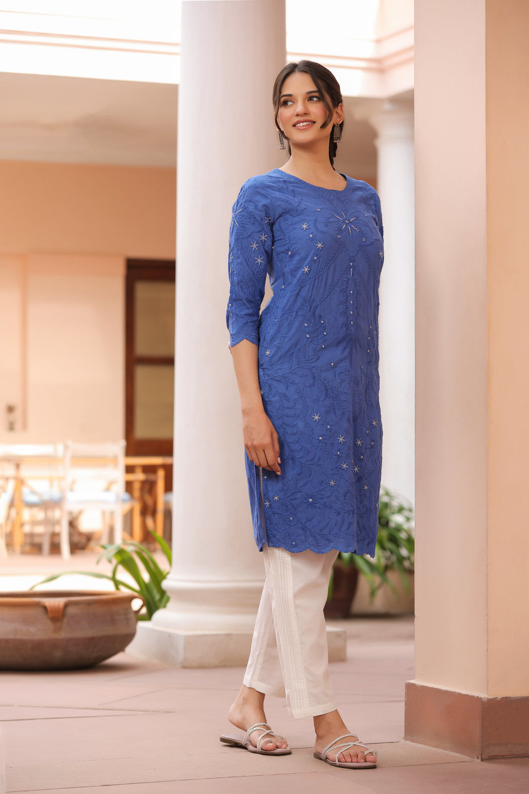 Blue Pure Cotton Embroidered Print Embroidery Work Straight Designer Kurta