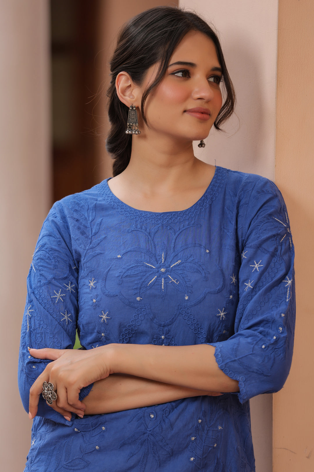 Blue Pure Cotton Embroidered Print Embroidery Work Straight Designer Kurta