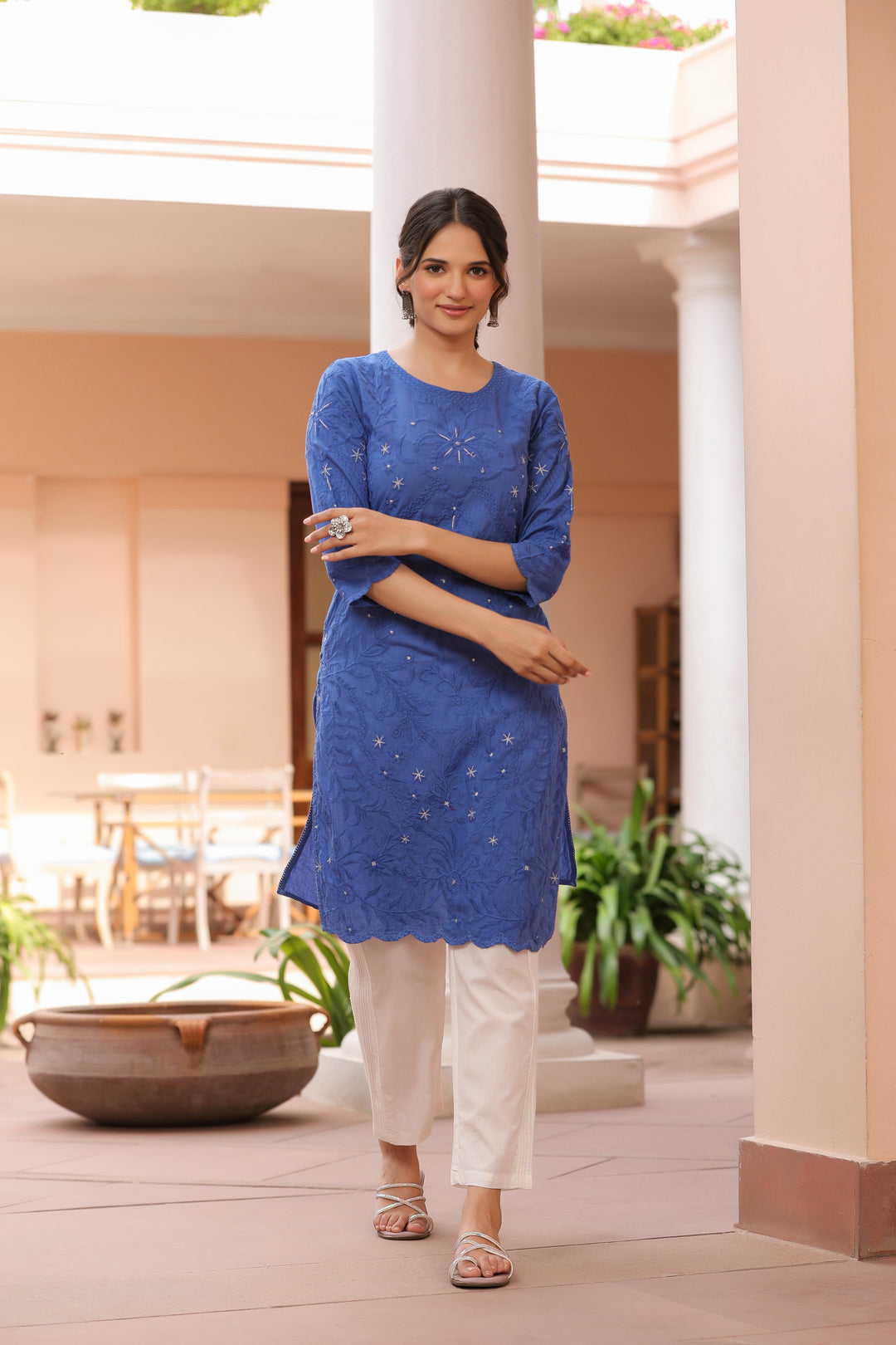 Blue Pure Cotton Embroidered Print Embroidery Work Straight Designer Kurta