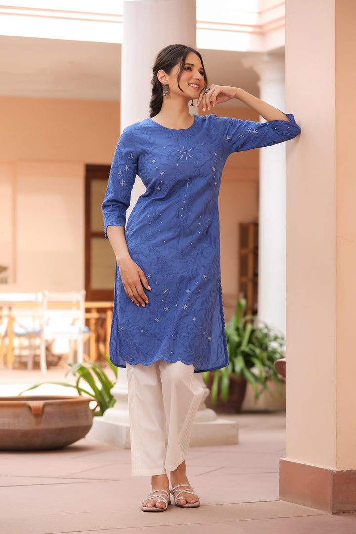 Blue Pure Cotton Embroidered Print Embroidery Work Straight Designer Kurta