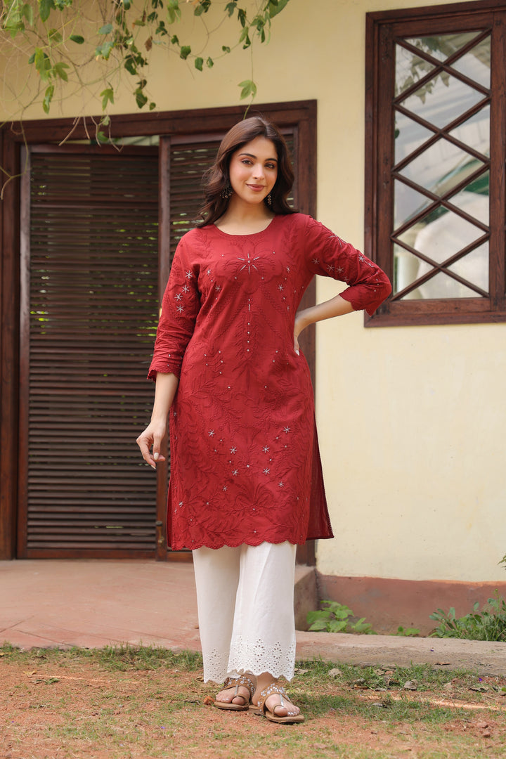 Maroon Cotton Embroidered Maroon Designer Kurta