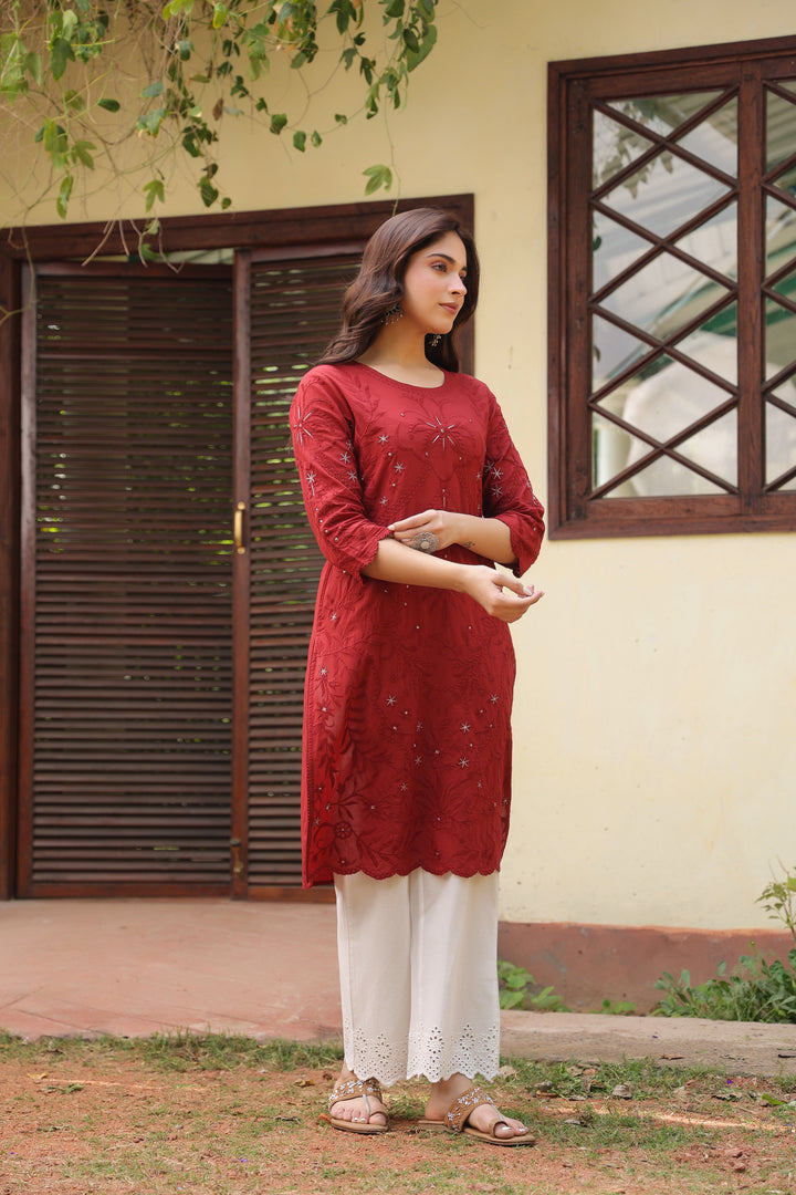 Maroon Cotton Embroidered Maroon Designer Kurta