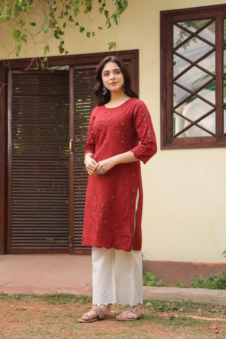 Maroon Cotton Embroidered Maroon Designer Kurta