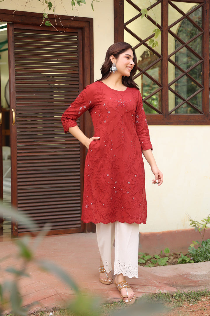 Maroon Cotton Embroidered Maroon Designer Kurta