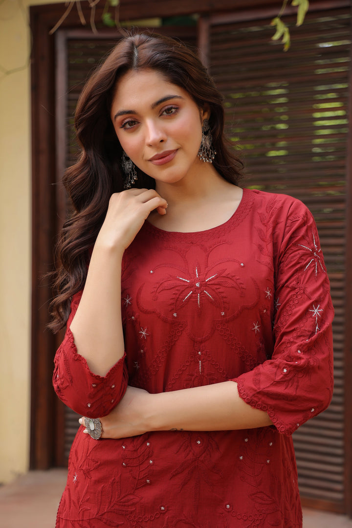 Maroon Cotton Embroidered Maroon Designer Kurta