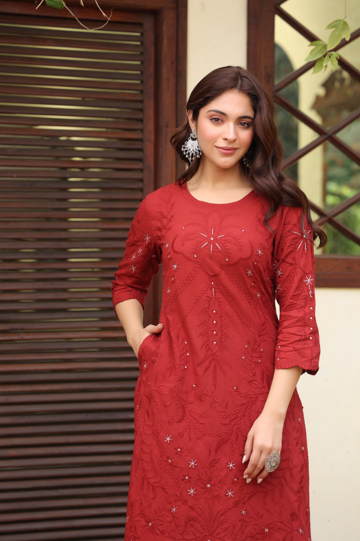 Maroon Cotton Embroidered Maroon Designer Kurta