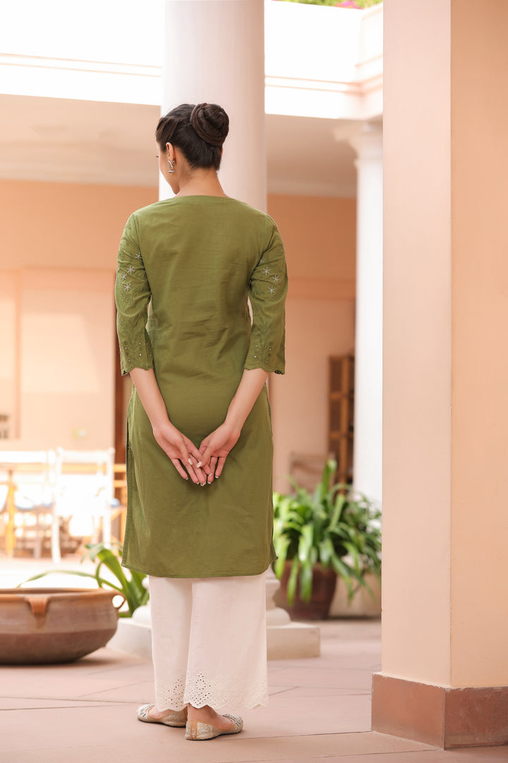 Green Pure Cotton Embroidered Print Embroidery Work Straight Designer Kurta