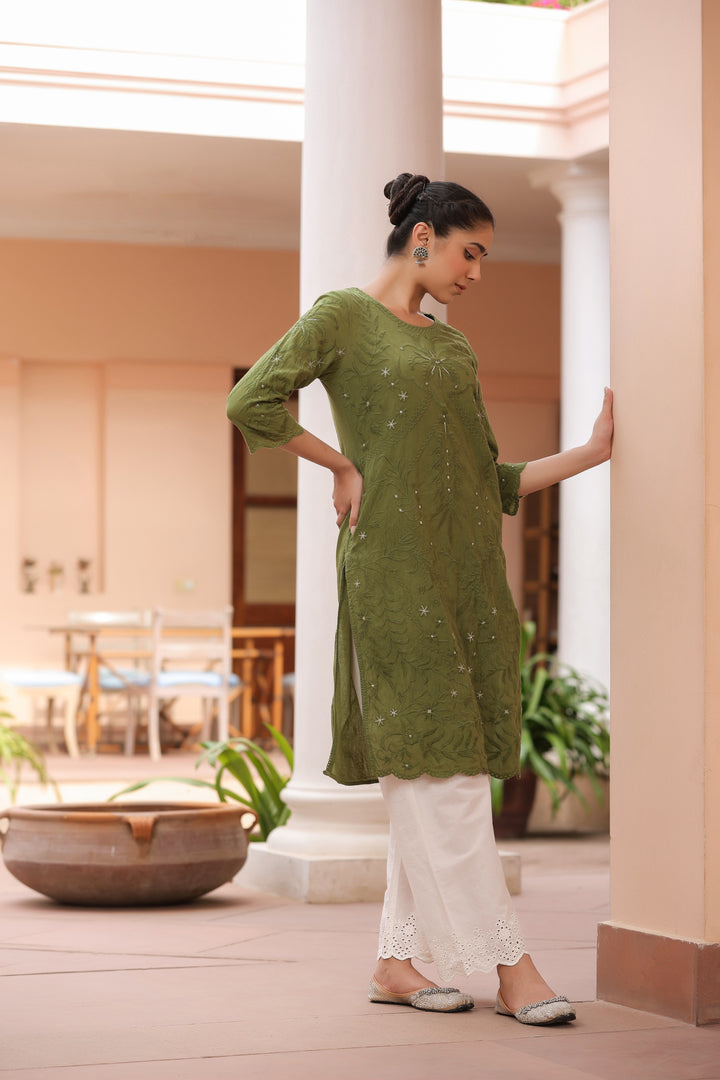 Green Pure Cotton Embroidered Print Embroidery Work Straight Designer Kurta