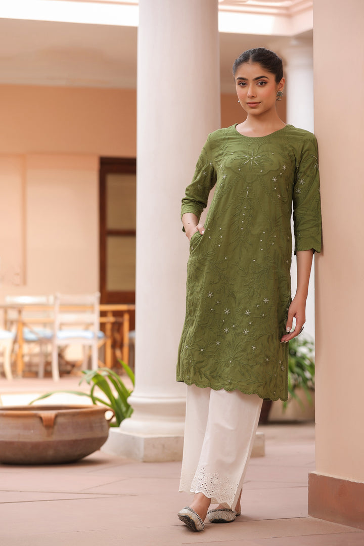 Green Pure Cotton Embroidered Print Embroidery Work Straight Designer Kurta