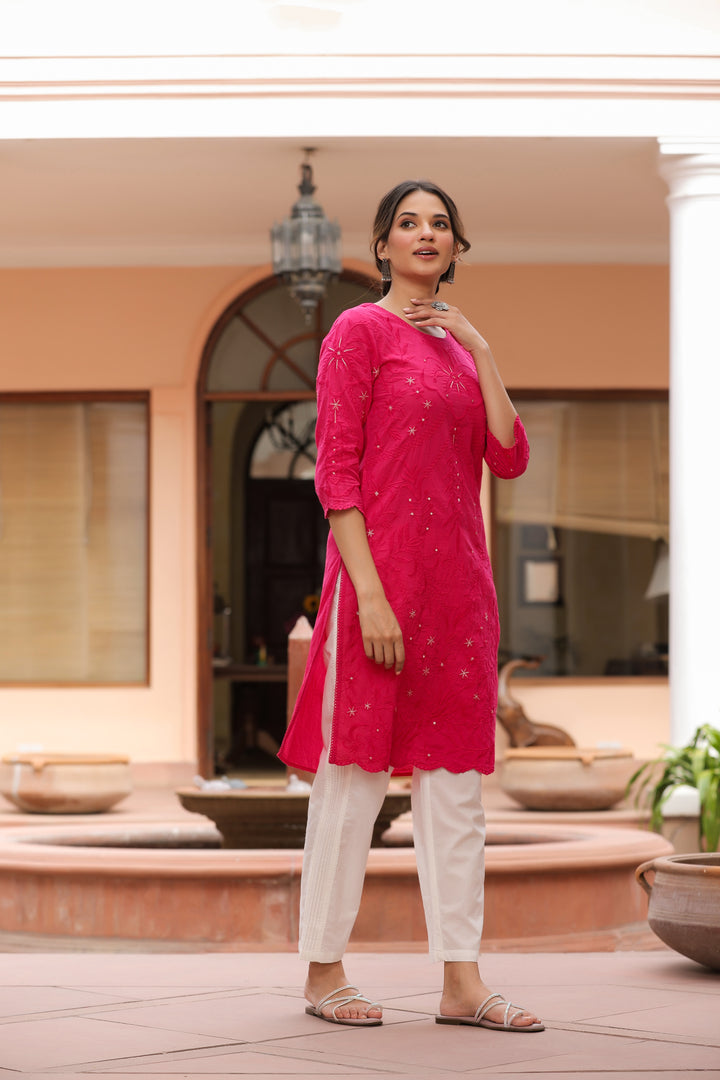 Pink Pure Cotton Embroidered Print Embroidery Work Straight Designer Kurta