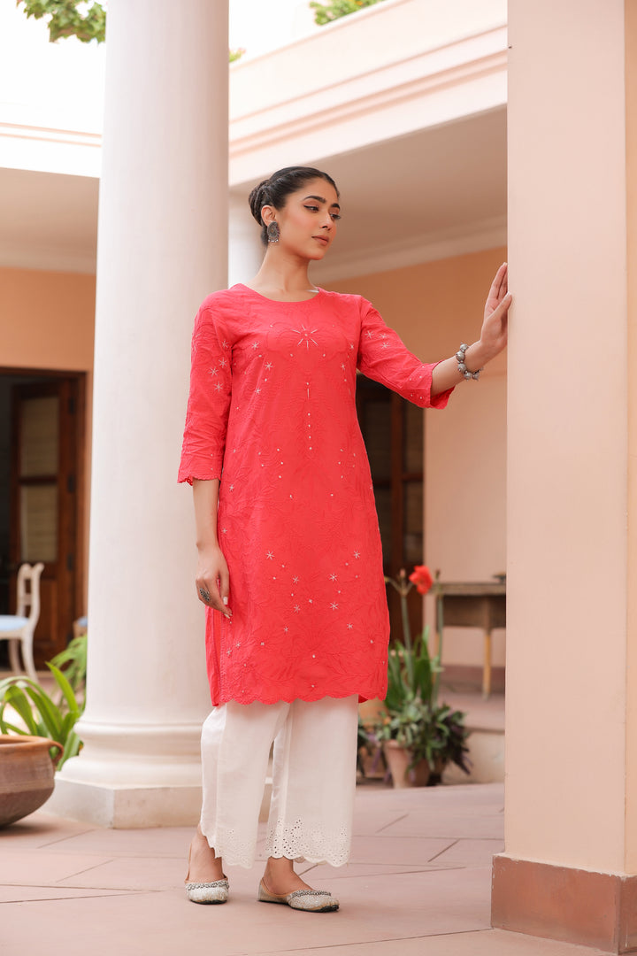 Red Pure Cotton Embroidered Print Embroidery Work Straight Designer Kurta