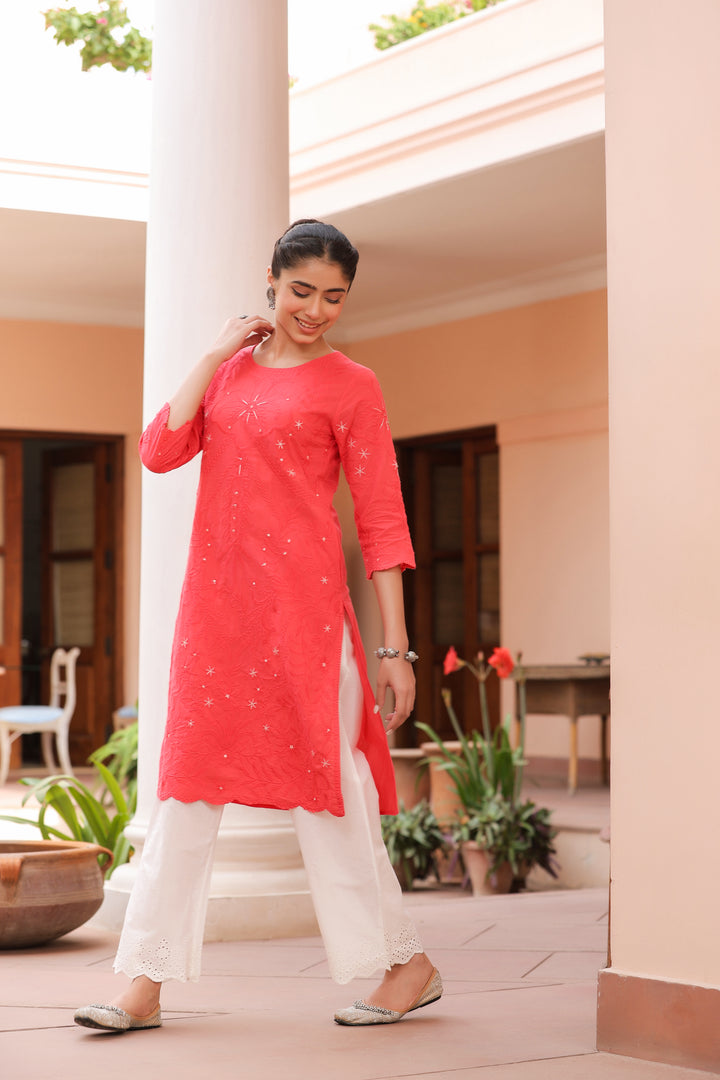 Red Pure Cotton Embroidered Print Embroidery Work Straight Designer Kurta