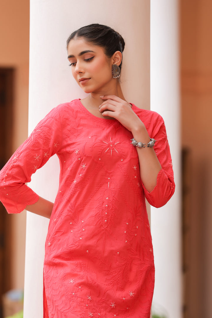 Red Pure Cotton Embroidered Print Embroidery Work Straight Designer Kurta