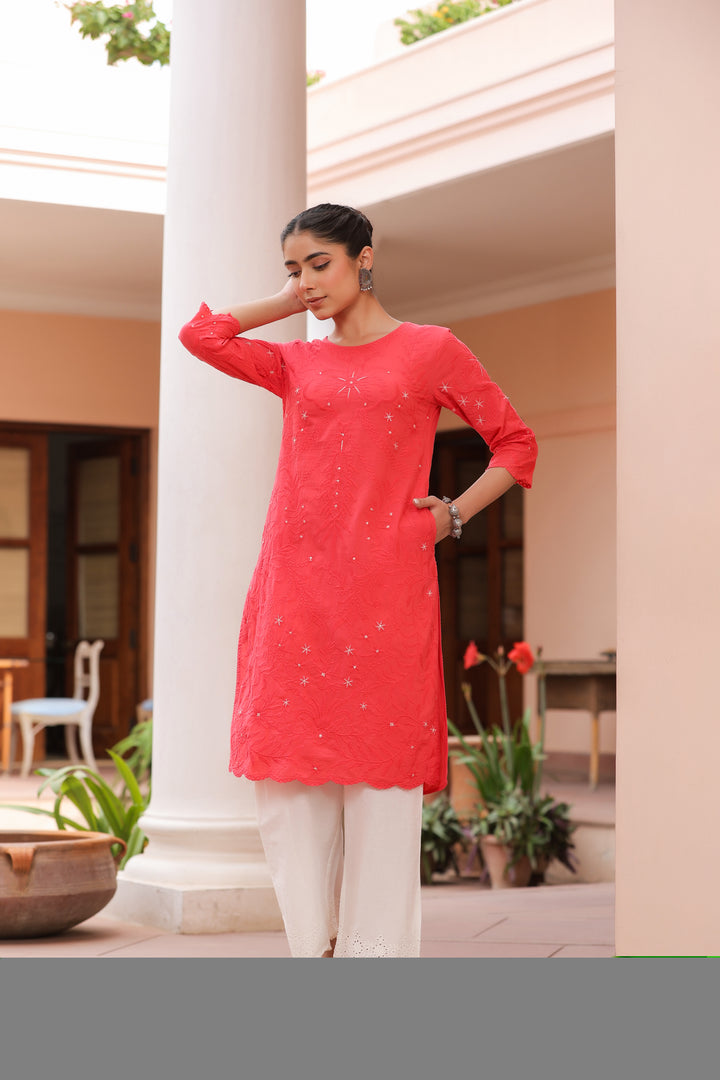 Red Pure Cotton Embroidered Print Embroidery Work Straight Designer Kurta