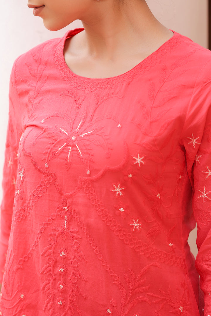 Red Pure Cotton Embroidered Print Embroidery Work Straight Designer Kurta