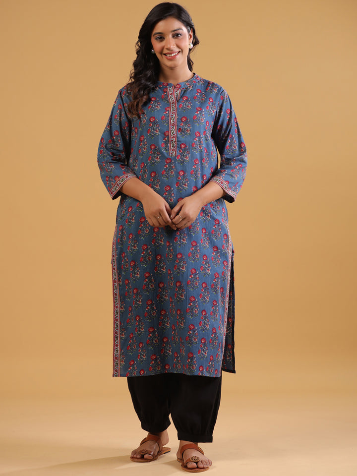 Blue Cotton Printed Straight Kurta