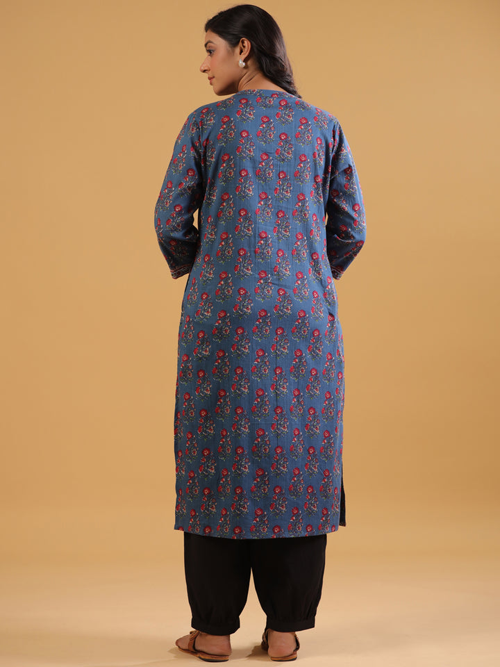 Blue Cotton Printed Straight Kurta