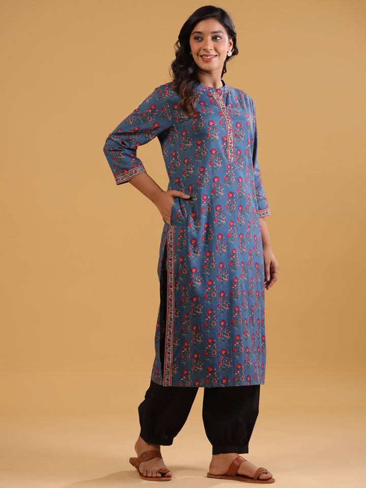 Blue Cotton Printed Straight Kurta