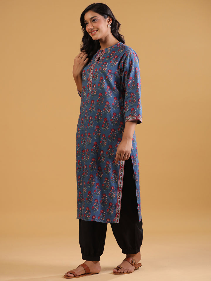 Blue Cotton Printed Straight Kurta