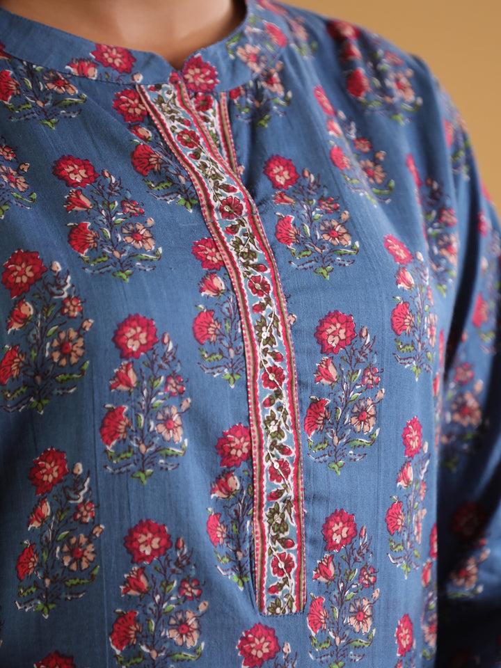 Blue Cotton Printed Straight Kurta