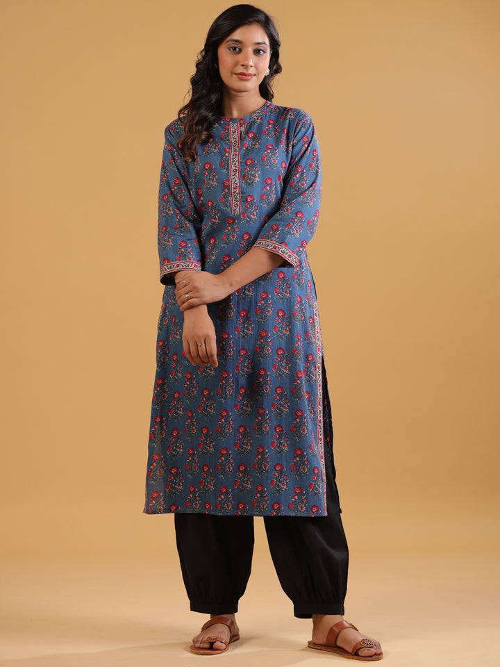 Blue Cotton Printed Straight Kurta