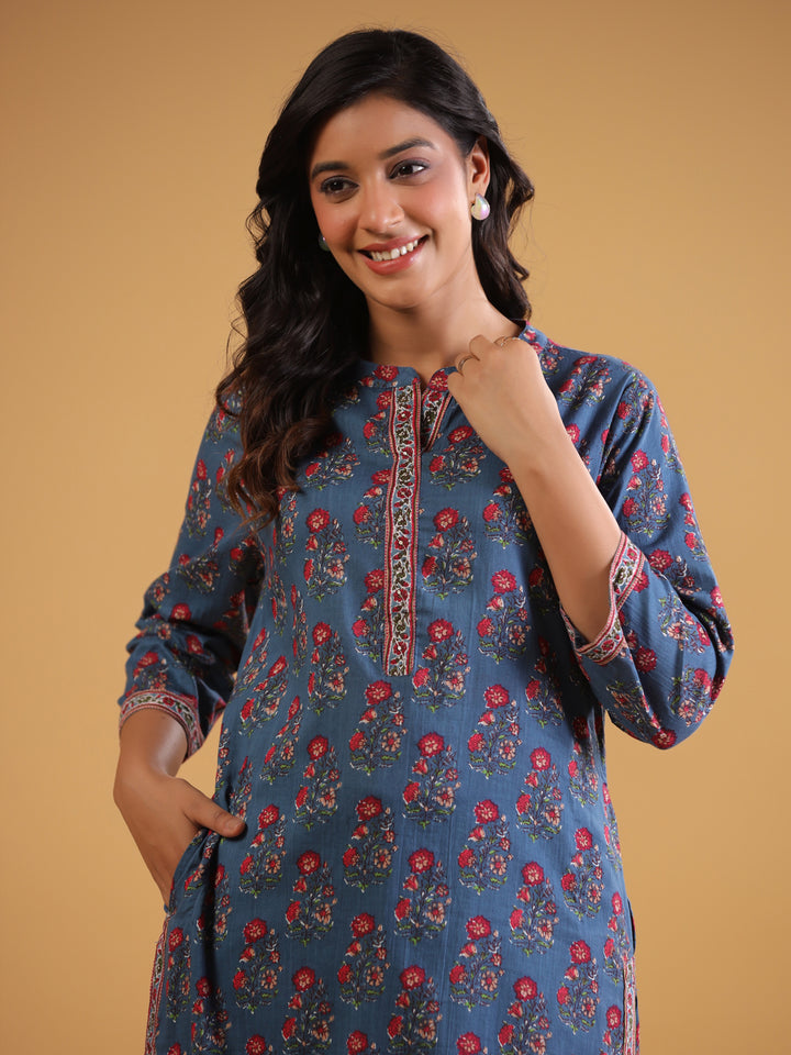 Blue Cotton Printed Straight Kurta