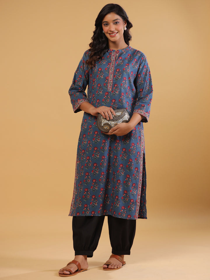 Blue Cotton Printed Straight Kurta