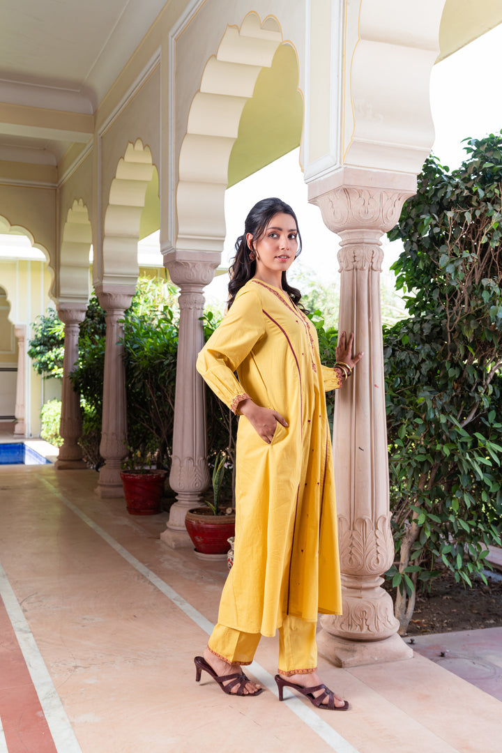 Mustard Cotton Embroidered A-line Kurta Pant Set