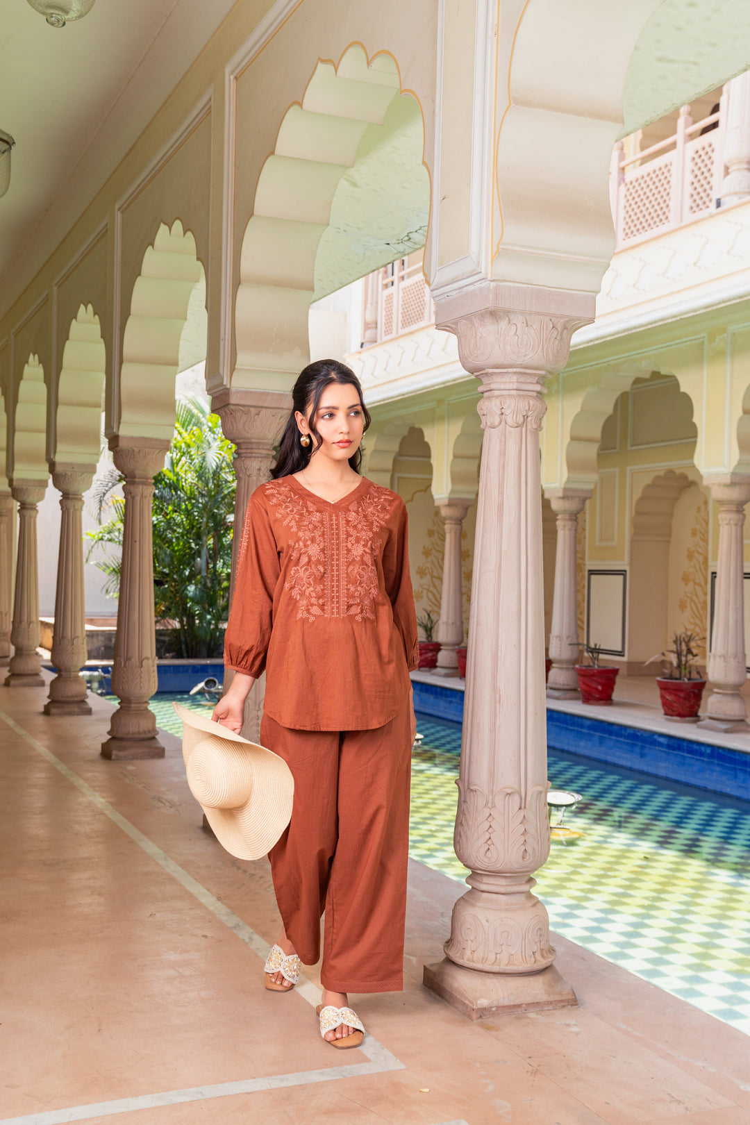 Brown Cotton Embroidered Designer Co-Ord Set