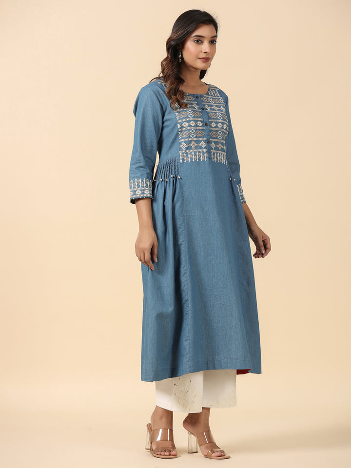 Blue Cotton Blend Embroidered Work Embroidery A-Line Kurta