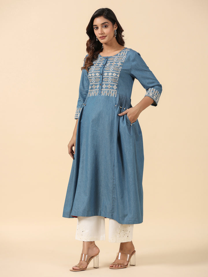 Blue Cotton Blend Embroidered Work Embroidery A-Line Kurta