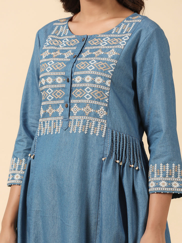 Blue Cotton Blend Embroidered Work Embroidery A-Line Kurta
