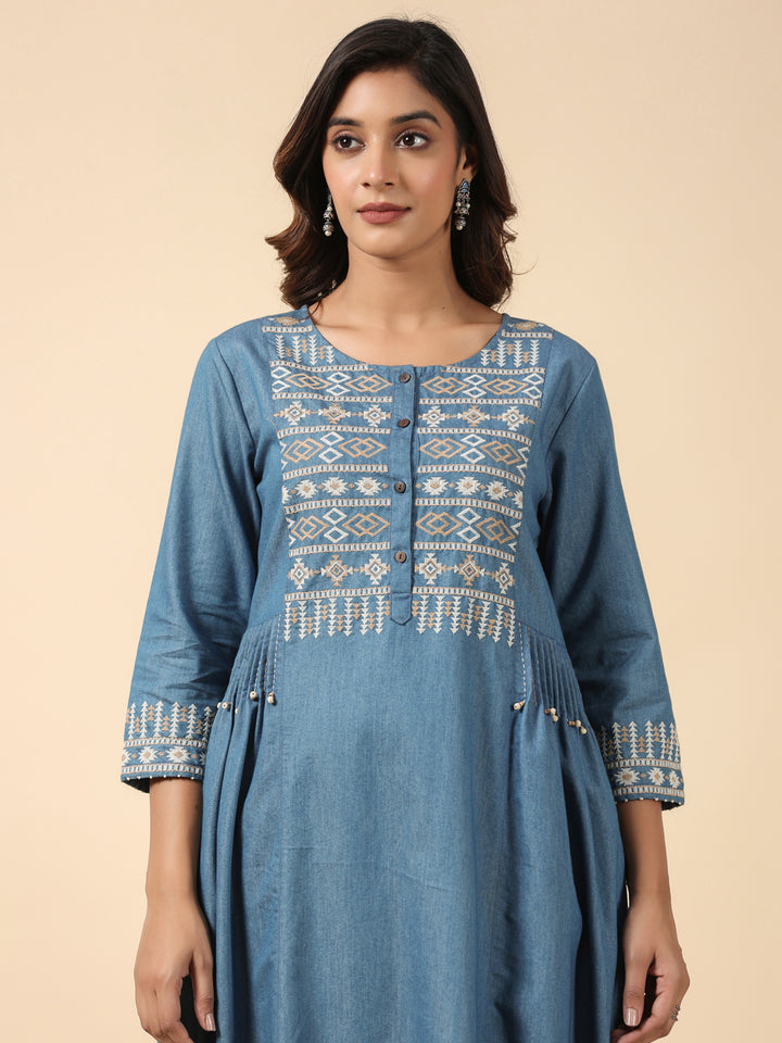 Blue Cotton Blend Embroidered Work Embroidery A-Line Kurta