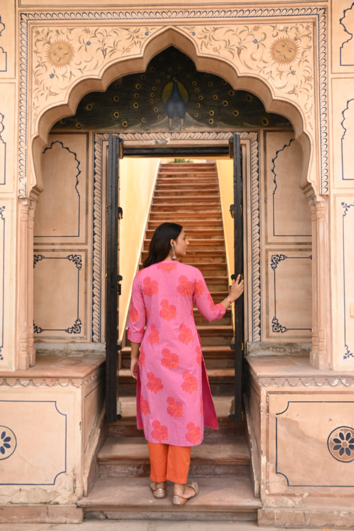 Magenta Cotton Printed Mandarin Collar Kurta Pant Set