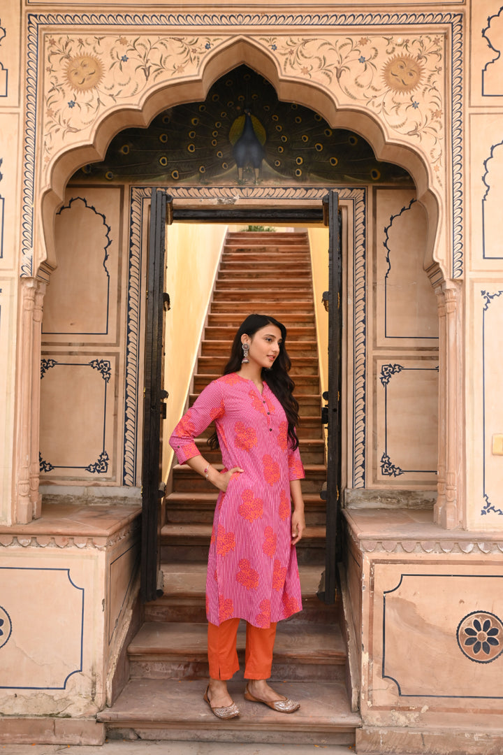 Magenta Cotton Printed Mandarin Collar Kurta Pant Set