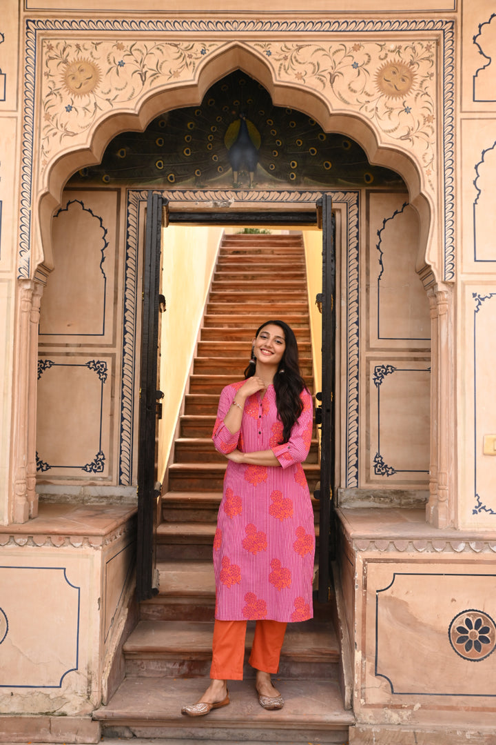 Magenta Cotton Printed Mandarin Collar Kurta Pant Set