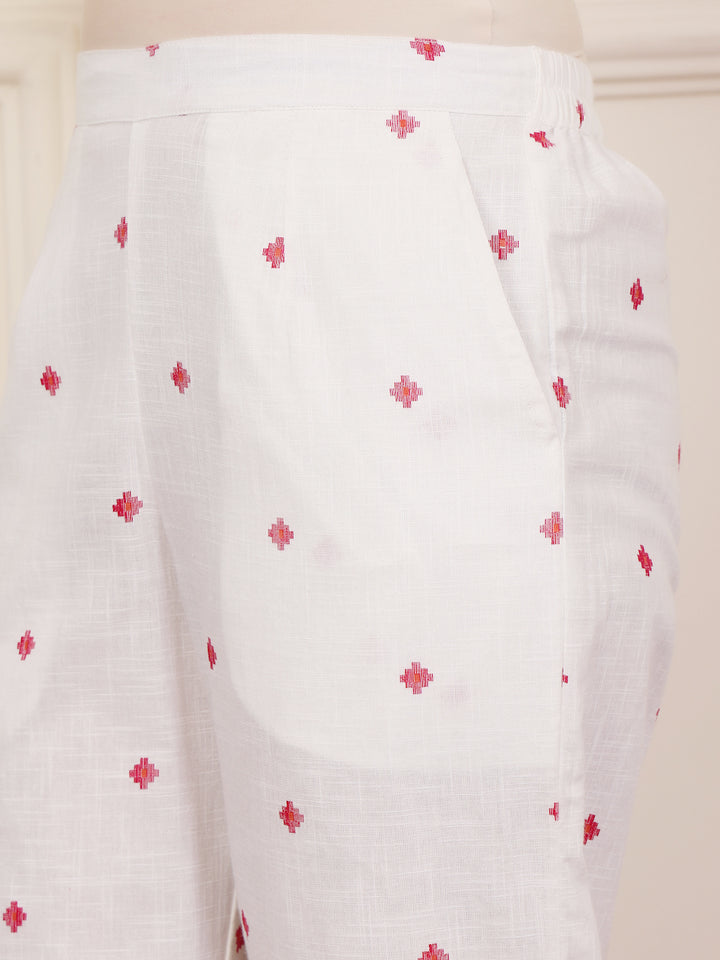 White Cotton Printed A Line Kurta Pant Set