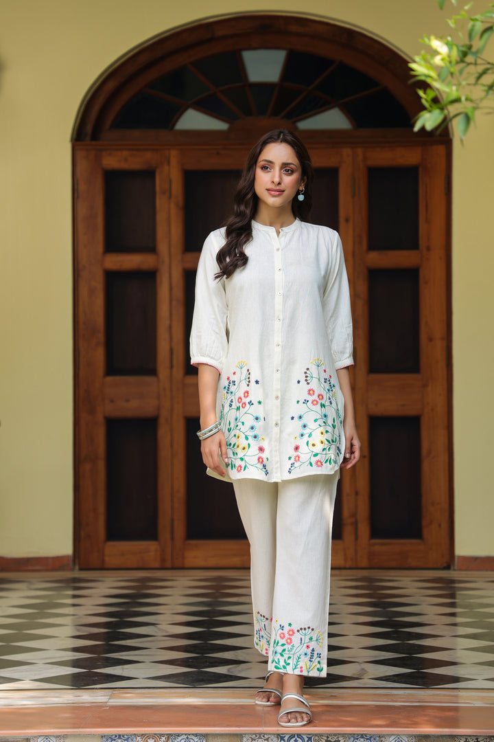White Cotton Embroidered Designer Co-ord Set