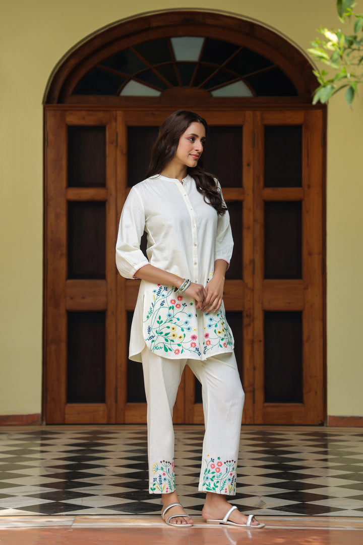 White Cotton Embroidered Designer Co-ord Set